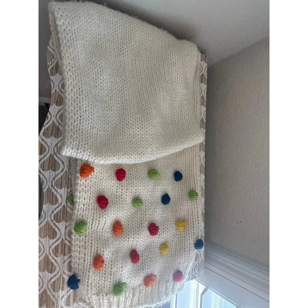 ModCloth Cream with Multicolor Rainbow Pom Pom Scarf